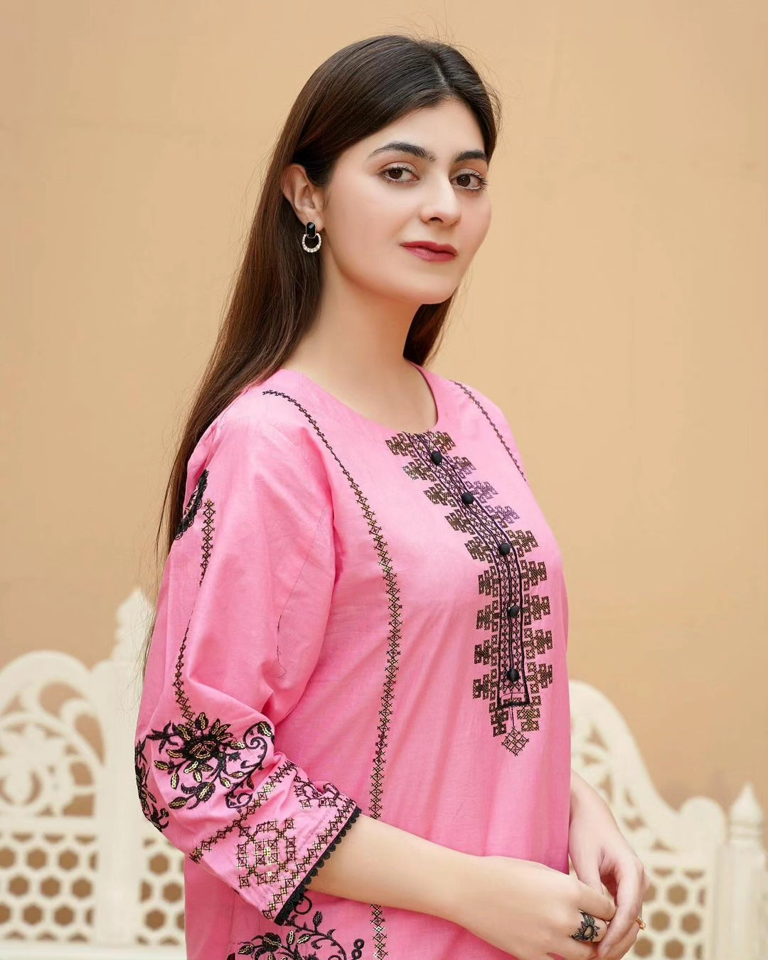 2-Piece Stitched Sequence Embroidered Dress Premium Quality