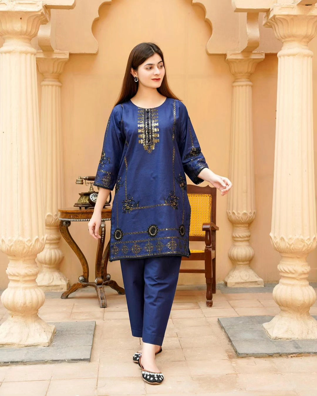 2-Piece Stitched Sequence Embroidered Dress Premium Quality