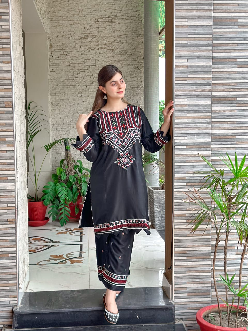 2-Piece Stitched Mirror Embroidered Dress Premium Quality