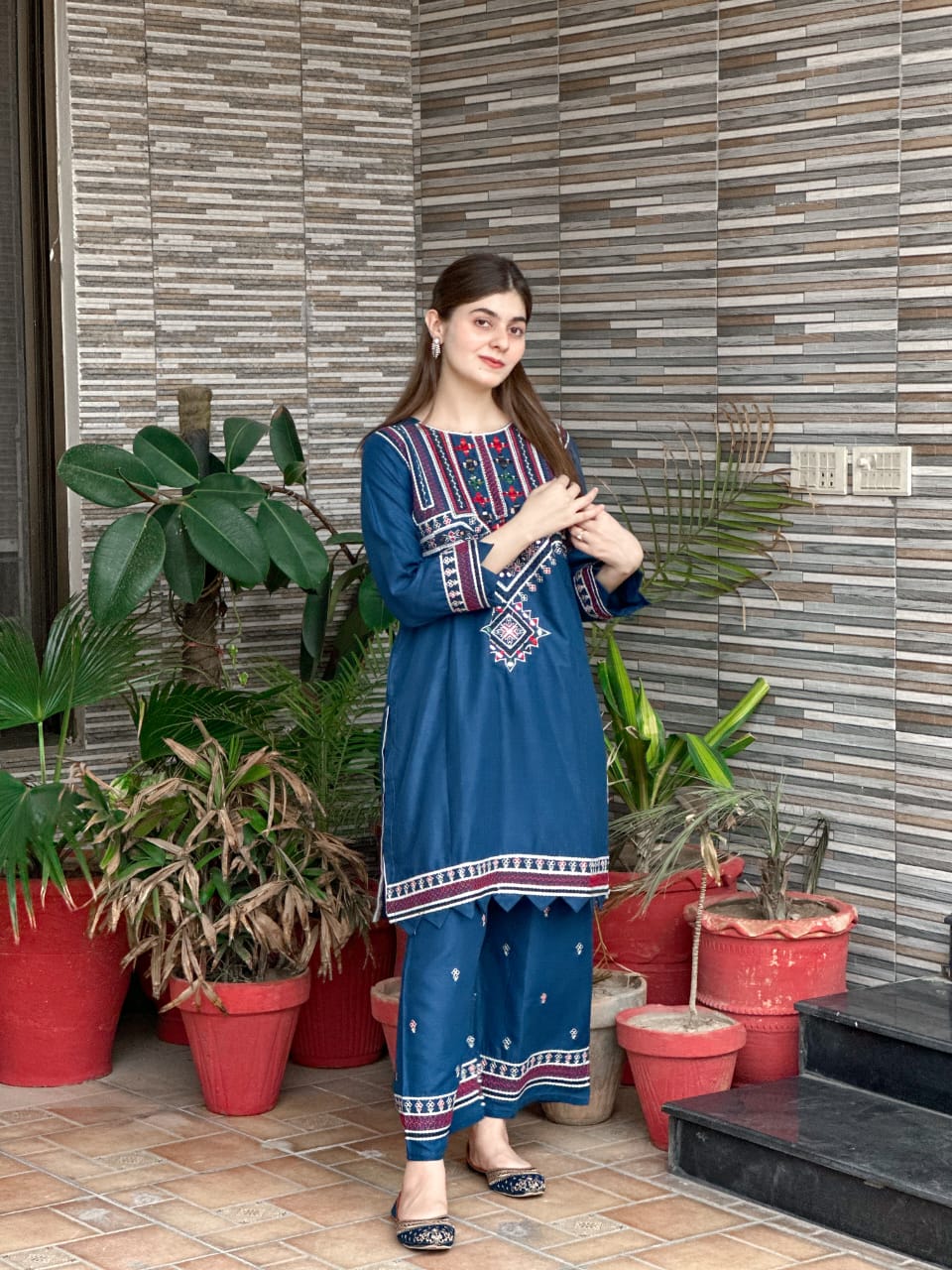 2-Piece Stitched Mirror Embroidered Dress Premium Quality
