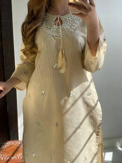 "Premium quality 2-piece stitched dress featuring intricate mirror embroidery."
