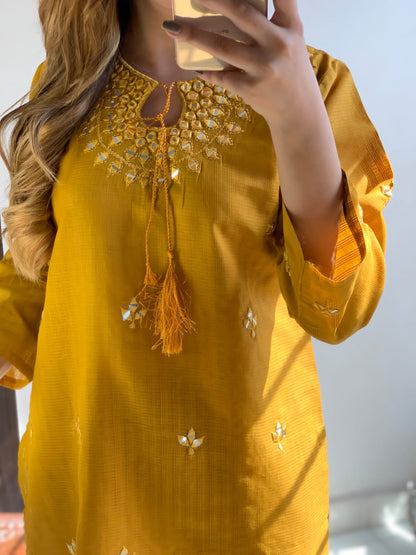 "Premium quality 2-piece stitched dress featuring intricate mirror embroidery."