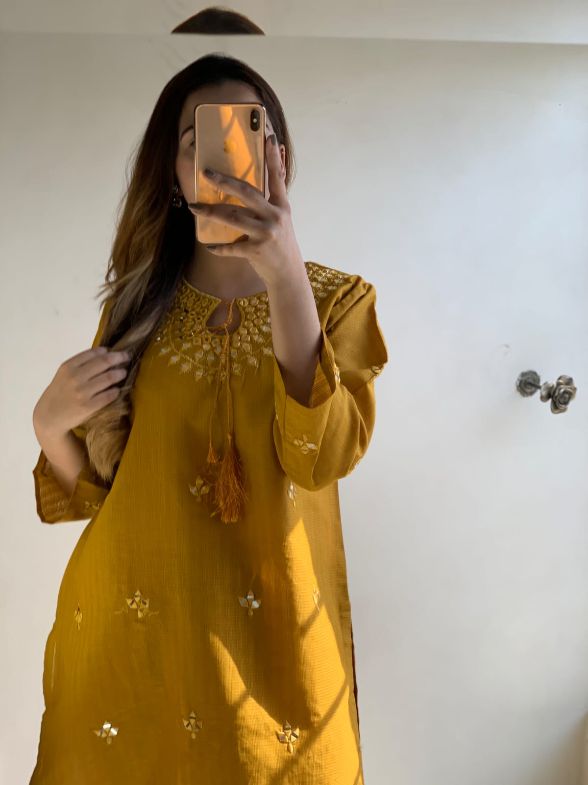 "Premium quality 2-piece stitched dress featuring intricate mirror embroidery."