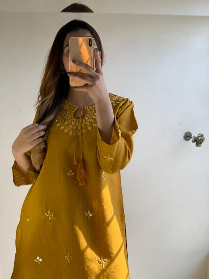 "Premium quality 2-piece stitched dress featuring intricate mirror embroidery."