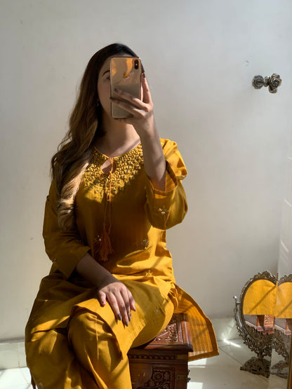 "Premium quality 2-piece stitched dress featuring intricate mirror embroidery."