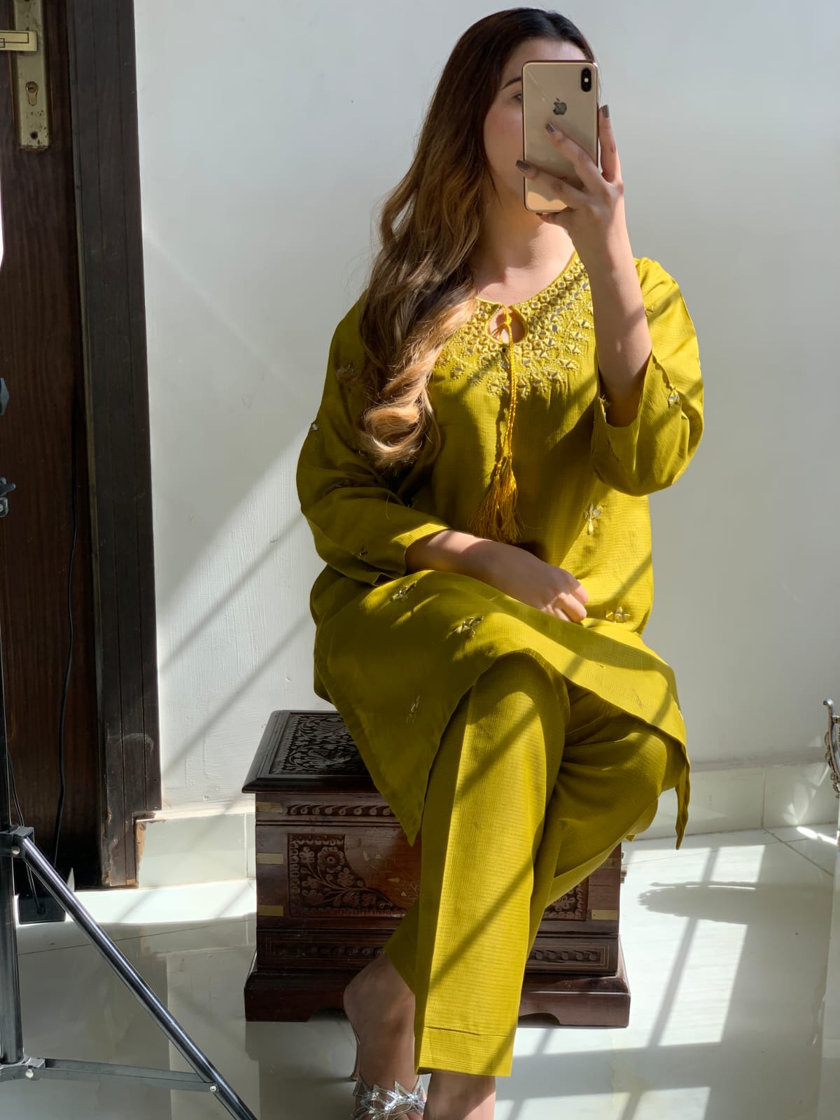 "Premium quality 2-piece stitched dress featuring intricate mirror embroidery."