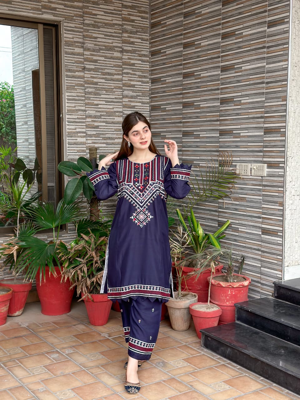2-Piece Stitched Mirror Embroidered Dress Premium Quality