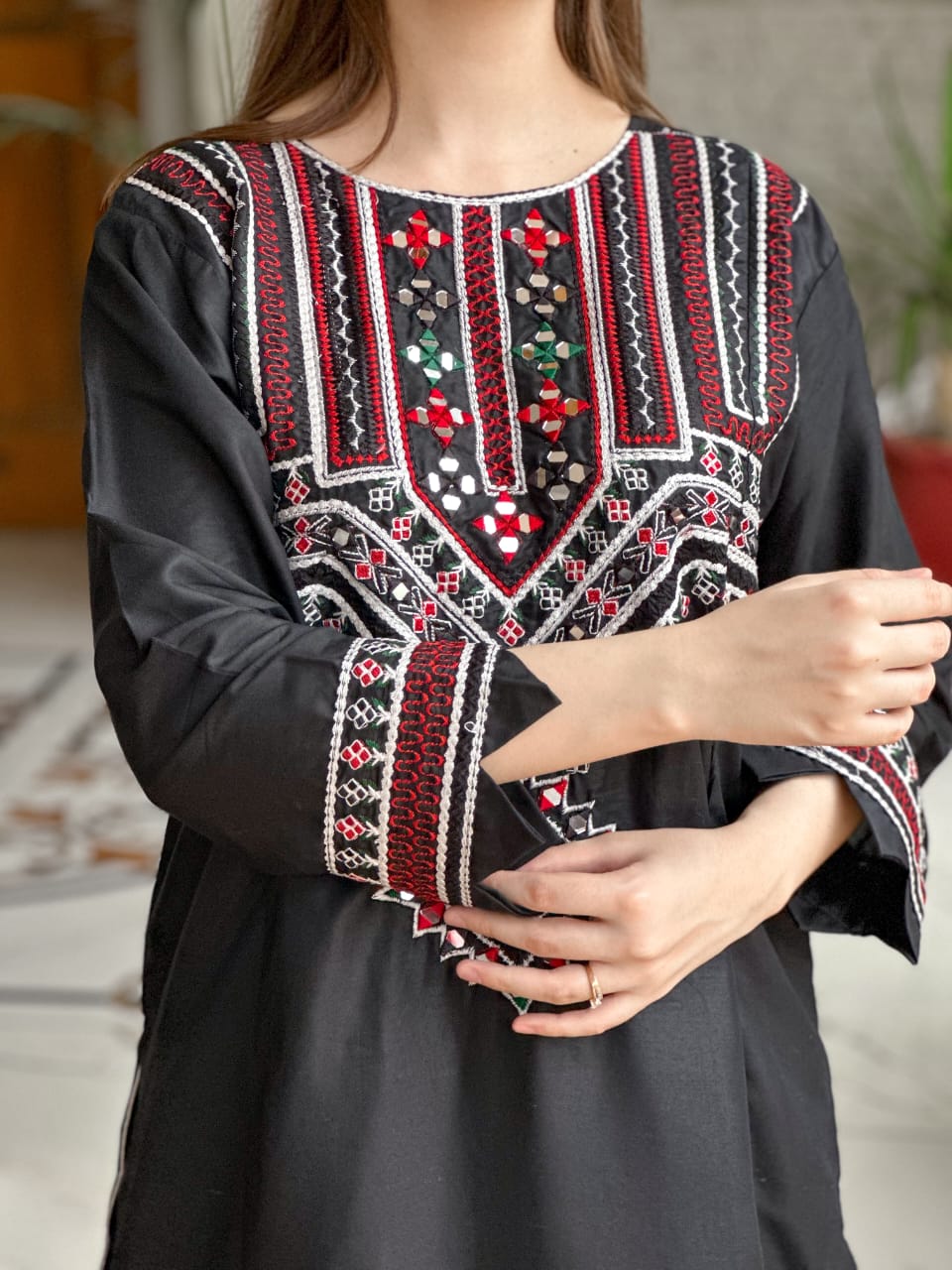 2-Piece Stitched Mirror Embroidered Dress Premium Quality