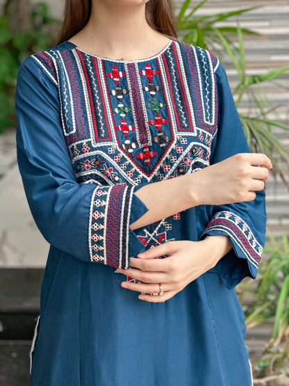2-Piece Stitched Mirror Embroidered Dress Premium Quality