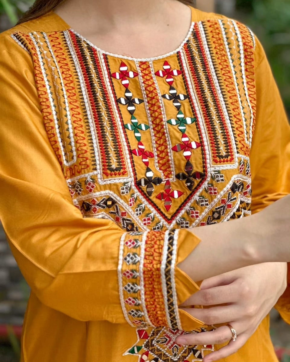 2-Piece Stitched Mirror Embroidered Dress Premium Quality