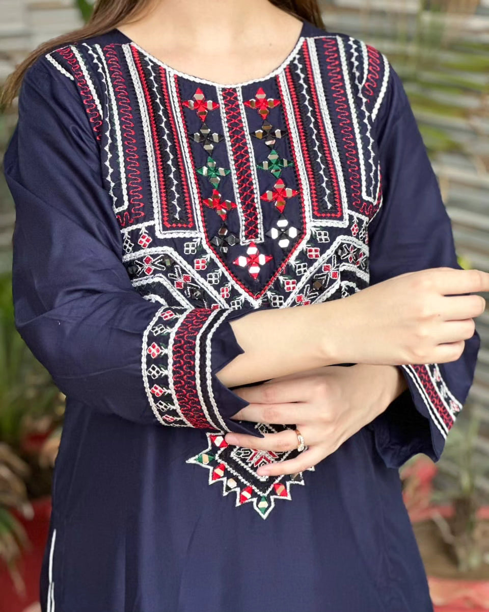 2-Piece Stitched Mirror Embroidered Dress Premium Quality