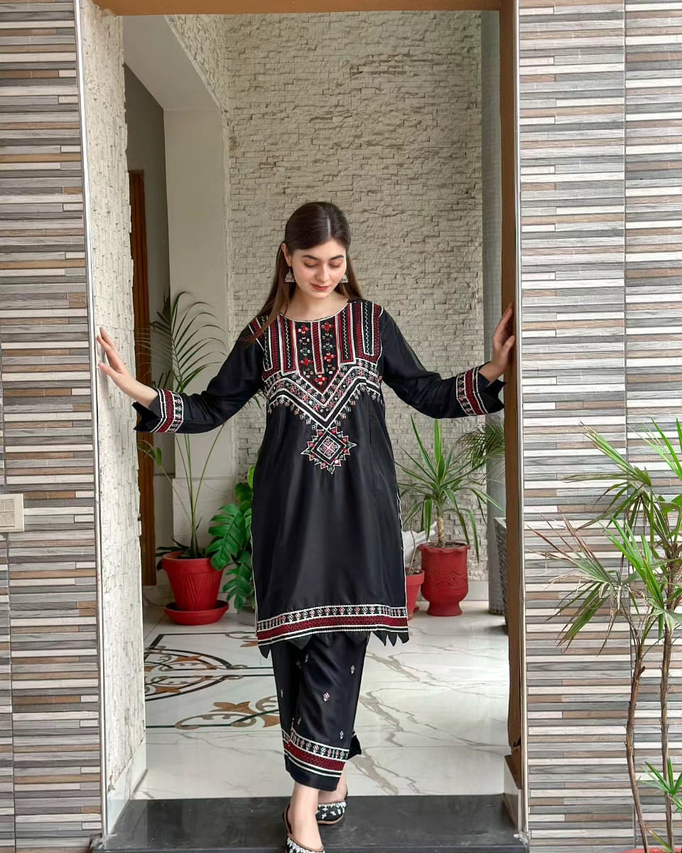 2-Piece Stitched Mirror Embroidered Dress Premium Quality