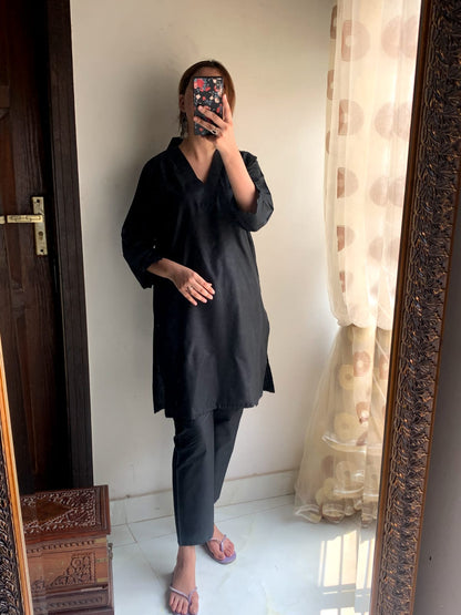Plain Black 2-Piece Stitched Dress Premium Quality