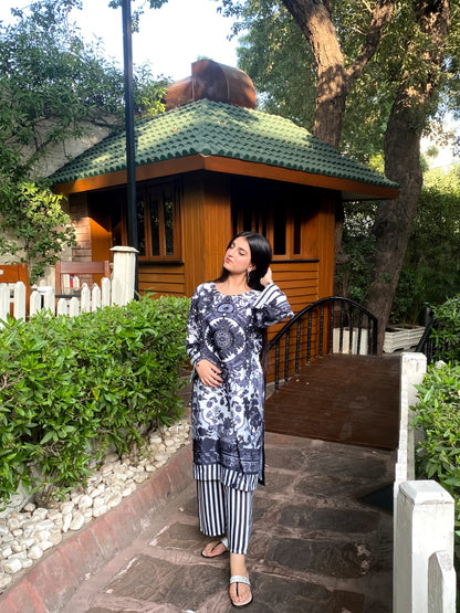 Handmade Diamond Raw Silk Digital 2-Piece Stitched Dress
