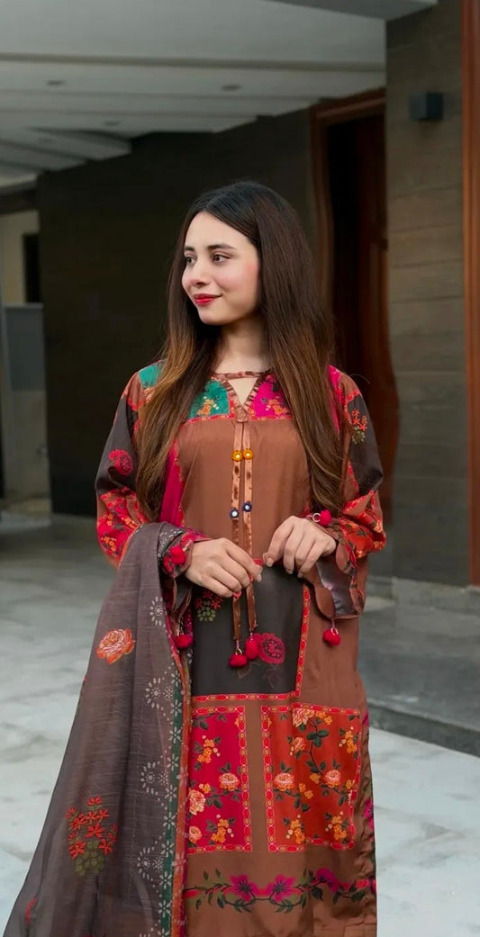 PREMIUM QUALITY 3-PIECE STICHED PRINTED DRESS